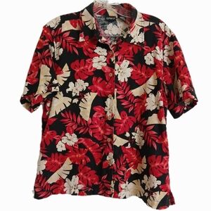 Erika Size M Linen blend Hawaiian Tropical Floral Button Down short sleeve shirt